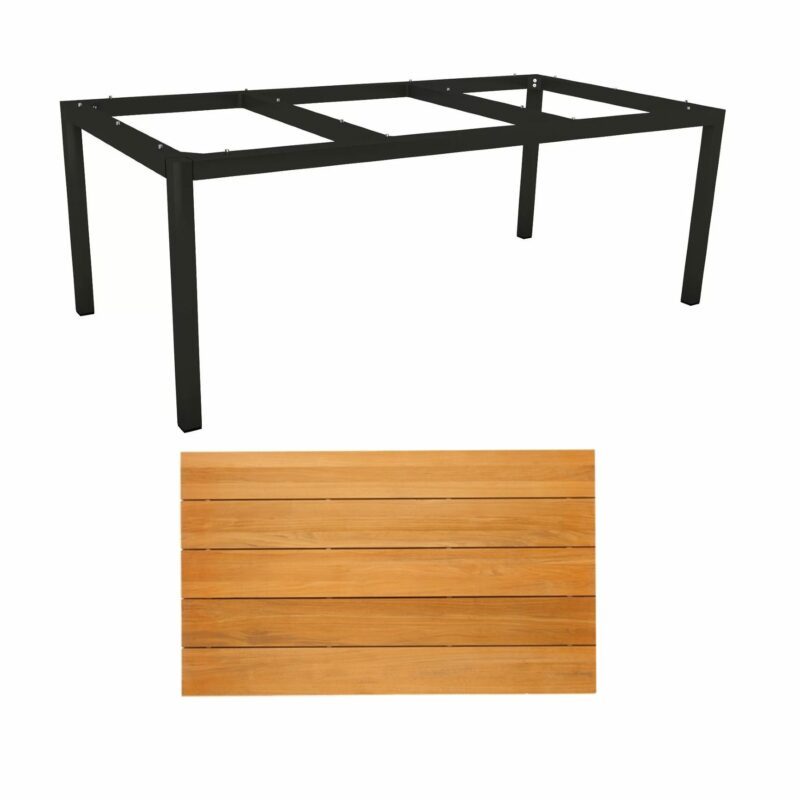 Stern Tischsystem Gartentisch, Gestell Aluminium schwarz matt, Tischplatte Teakholz Einzelleisten, 201x101 cm