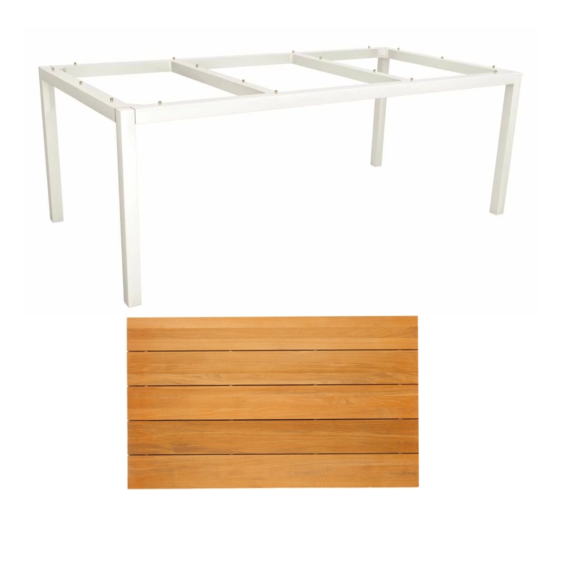 Stern Tischsystem Gartentisch, Gestell Aluminium weiß, Tischplatte Teakholz Einzelleisten, 201x101 cm