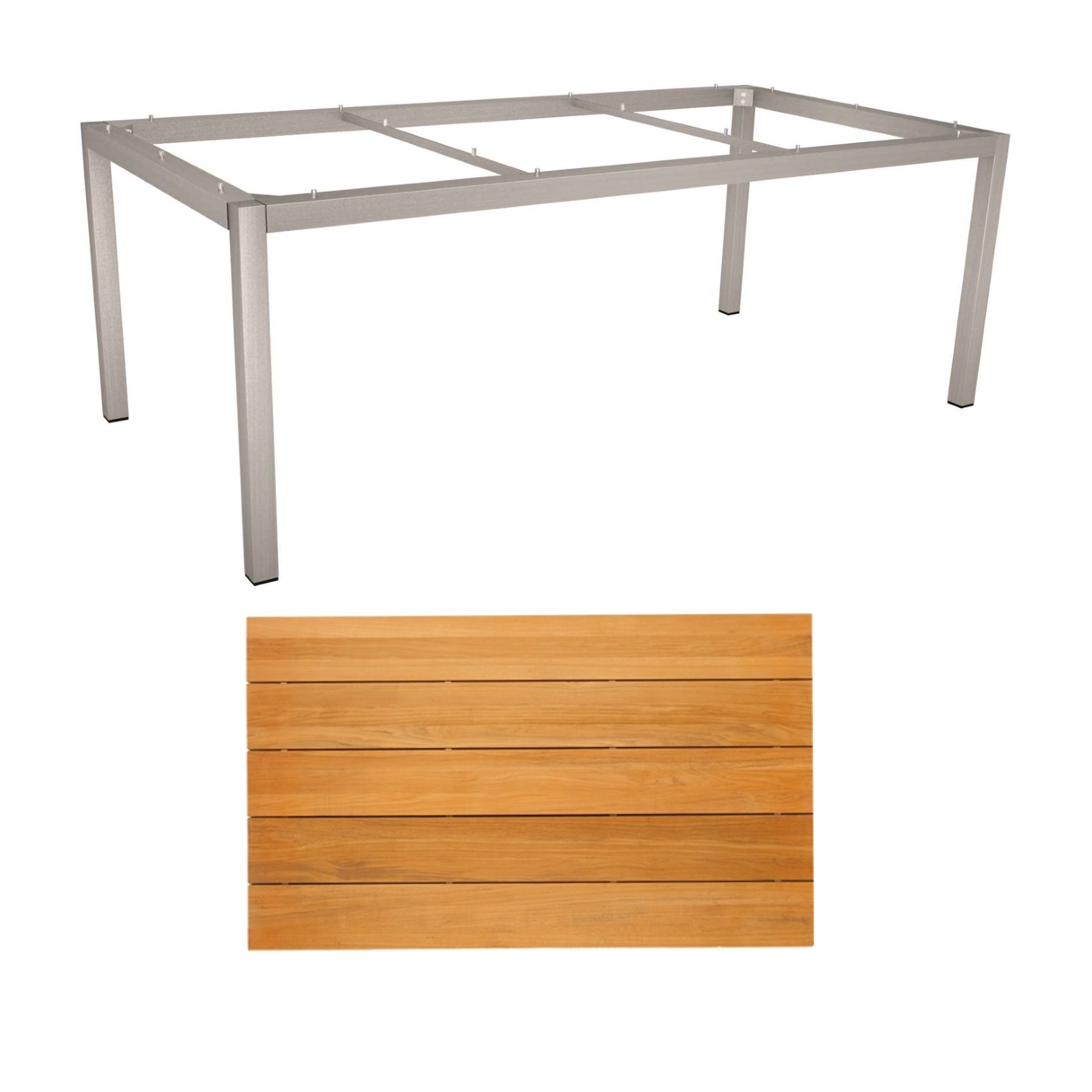 Stern Tischsystem Gartentisch, Gestell Edelstahl gebürstet, Tischplatte Teakholz Einzelleisten, 201x101 cm