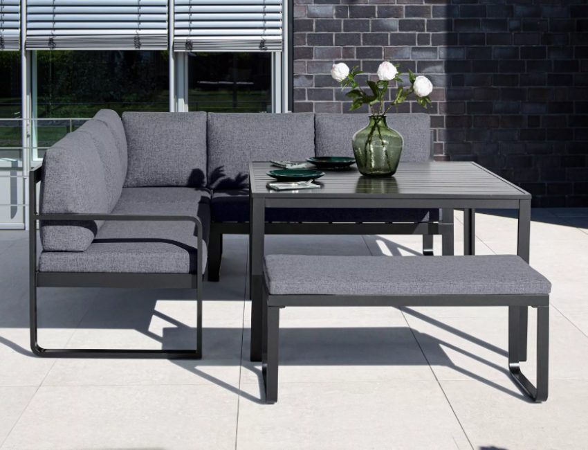 Kettler "Ocean" Casual Diningset, Gestelle Aluminium anthrazit, Polster grau, Ecksofa mit Bank und Tisch