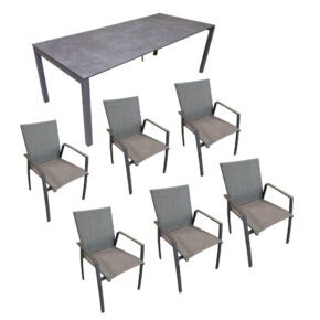 SIT Mobilia Gartenmöbel-Set mit Stuhl "Franco II" und Ausziehtisch "Etna", Gestelle Aluminium, Sitzfläche Textilgewebe charcoal black, Tischplatte HPL Oxido Bluestone, 160/220x95 cm