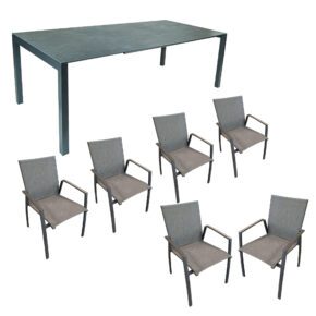 SIT Mobilia Gartenmöbel-Set mit Stuhl "Franco II" und Ausziehtisch "Etna", Gestelle Aluminium, Sitzfläche Textilgewebe charcoal black, Tischplatte Dekton laos, 160/220x95 cm
