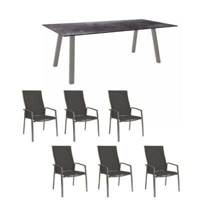 Stern Gartenmöbel-Set mit Stapelsessel "Kari+", Textilen silbergrau, und Gartentisch "Interno", Größe 220x100cm, Gestelle Alu graphit, Tischplatte HPL Dark Marble