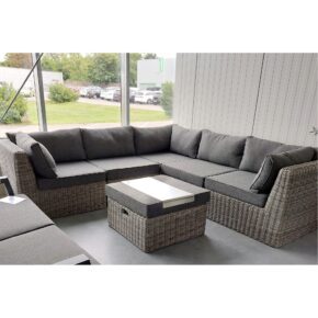 Home Islands "Ko Bon" Ecklounge-Set 6-teilig, Untergestell Aluminium, Geflecht Polyrattan hellgrau, Bezüge grau, Ausstellung Karlsruhe