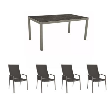 Stern Gartenmöbel-Set mit Hochlehner "Kari Plus" und Gartentisch 160x90 cm, Gestelle Alu graphit, Sitzfläche Textilgewebe silbergrau, Tischplatte HPL Slate