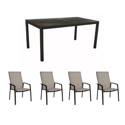Stern Gartenmöbel-Set mit Hochlehner "Kari Plus" und Gartentisch 160x90 cm, Gestelle Alu schwarz matt, Sitzfläche Textilgewebe Leinen grau, Tischplatte HPL Dark Marble