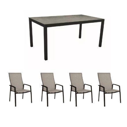 Stern Gartenmöbel-Set mit Hochlehner "Kari Plus" und Gartentisch 160x90 cm, Gestelle Alu schwarz matt, Sitzfläche Textilgewebe Leinen grau, Tischplatte HPL Zement