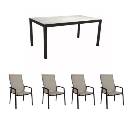 Stern Gartenmöbel-Set mit Hochlehner "Kari Plus" und Gartentisch 160x90 cm, Gestelle Alu schwarz matt, Sitzfläche Textilgewebe Leinen grau, Tischplatte HPL Zement hell