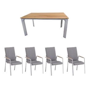 Kettler "Diamond" Gartenmöbel-Set mit Stapelsessel hoch, gepolstert, Alu silber/Sunbrella® flanelle (grau meliert), Tisch 140x70 cm, Tischplatte Teak