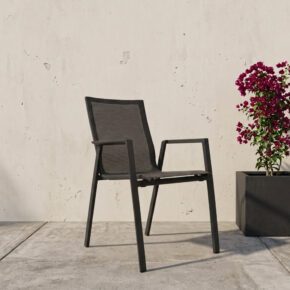 Lesli Living "Tarragona Negro" Stapelstuhl, Gestell Aluminium charcoal, Sitzfläche Textilen schwarz-grau, Armlehnen Alu (Bild KI-generiert)
