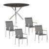 Zebra Gartenmöbel-Set mit Stapelsessel "One" und Tisch "Mikado", Gestelle Edelstahl, Sitzfläche Textil dark grey, Tischplatte HPL Volcanic stone