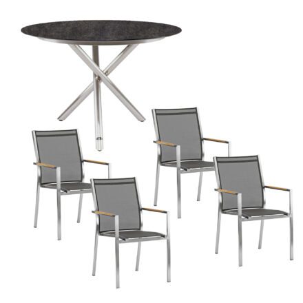 Zebra Gartenmöbel-Set mit Stapelsessel "One" und Tisch "Mikado", Gestelle Edelstahl, Sitzfläche Textil dark grey, Tischplatte HPL Volcanic stone