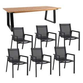 Brafab Gartenmöbel-Set mit Stapelstuhl "Delia" und Tisch "Laurion" 230x100 cm, Gestelle Aluminium schwarz, Sitzfläche Textilen schwarz, Tischplatte Teakholz