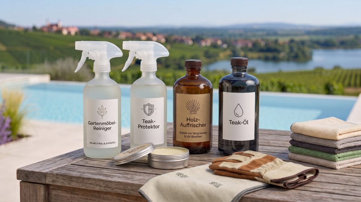 Mehrere Gartenmöbel-Pflegemittel draußen auf einem Holztisch, Lappen und Handschuhe liegen daneben
