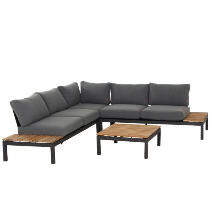Siena Garden "Alvida" Ecklounge-Set 4-teilig, Sofa rechts und links, Eckteil, Loungetisch 74x74 cm, Alu anthrazit matt, Polster grau, Ablagen Teak