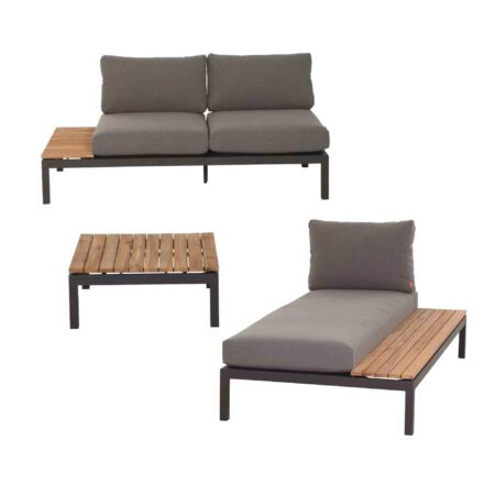 Siena Garden "Alvida" Loungeset 3-teilig, Loungesofa rechts, Récamiere links, Loungetisch, Gestelle Aluminium anthrazit matt, Polster grau, Ablagen Teak
