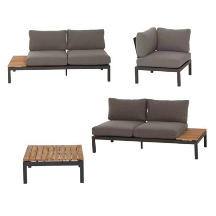 Siena Garden "Alvida" Ecklounge-Set 4-teilig, Sofa rechts und links, Eckteil, Loungetisch 74x74 cm, Alu anthrazit matt, Polster grau, Ablagen Teak