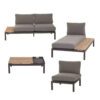 Siena Garden "Alvida" Loungeset 4-teilig, Récamiere links, Sofa rechts, Mittelteil, Loungetisch inkl. Tablett, Alu anthrazit matt, Polster grau, Ablagen Teak
