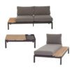 Siena Garden "Alvida" Loungeset 3-teilig, Loungesofa rechts, Récamiere links, Loungetisch inkl. Tablett, Gestelle Aluminium anthrazit matt, Polster grau, Ablagen Teak