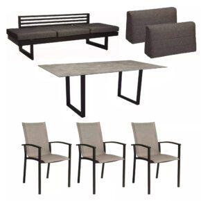 Stern Gartenmöbel-Set mit Kufentisch, Dining Bank "New Holly" inkl. Rückenkissen & Stapelsessel "Evoee", Gestell Alu schwarz matt, Sitzfläche Textil Leinen grau, Outdoor-Kissen seidenschwarz, Tischplatte HPL Slate Stone