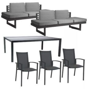 Stern Gartenmöbel-Set mit Gartentisch 200x140 cm und Dining-Bank "New Holly" sowie Stapelsessel "Evoee", Gestell Aluminium anthrazit, Textilen karbon, Polster seidengrau
