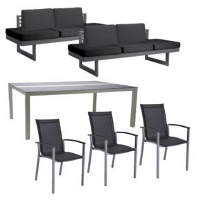 Stern Gartenmöbel-Set mit Gartentisch 200x140 cm und Dining-Bank "New Holly" sowie Stapelsessel "Evoee", Gestell Aluminium graphit, Textilen silbergrau, Polster schiefergrau