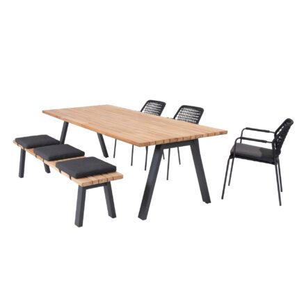 4Seasons Outdoor Gartenmöbelset mit "Barista" Diningsessel, Gestell Edelstahl anthrazit, Sitz Rope anthrazit, Kissen Olefin grau, Sitzbank und Gartentisch "Ambassador" 240x100 cm, Gestell Aluminium anthrazit, Tischplatte Teak
