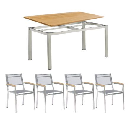 Gartenmöbel-Set mit vier Stapelsessel "Nexxt Promo" und Tisch Cubic 140x70 cm, Edelstahl/Teak