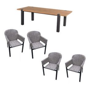 Hartman "Esmee" Gartentisch mit "Kelly" Diningsessel, Gestell Aluminium carbon black, Sitzfläche Polyrattan Black&White, Tischplatte Teak