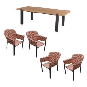 Hartman "Esmee" Gartentisch mit "Kelly" Diningsessel, Gestell Aluminium carbon black, Sitzfläche Polyrattan Coral red, Tischplatte Teak