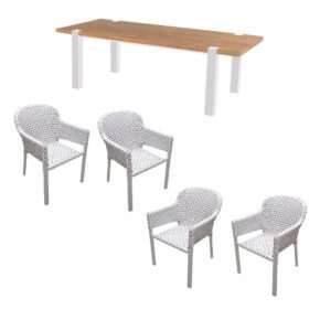 Hartman "Esmee" Gartentisch mit "Kelly" Diningsessel, Gestell Aluminium white, Sitzfläche Polyrattan Moccacino, Tischplatte Teak