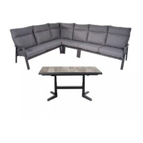 Lesli Living "Ohio" Loungeset mit "Castilla" Loungetisch ausziehbar & höhenverstellbar, Gestelle Aluminium charcoal, Polster anthrazit, Tischplatte Keramik washed grey