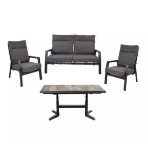 Lesli Living Dining-Loungeset mit 2er-Sofa und Sessel "Ohio und Tisch "Castilla", Gestelle Alu charcoal, Polster anthrazit, Tischplatte Keramik washed grey