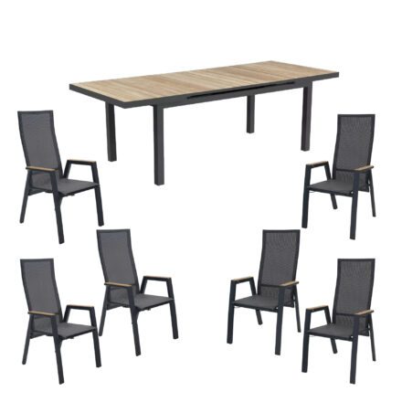 Gartenmöbel-Set mit Lesli Living Hochlehner "Amir", Alu charcoal (anthrazit), Textilgewebe schwarz-grau, Armlehnen Teak, mit Niehoff Ausziehtisch "Nantes", Alu anthrazit, Tischplatte Teak