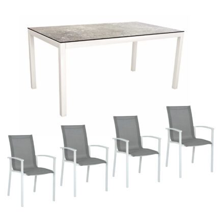 Stern Gartenmöbel-Set "Evoee", Gestelle Aluminium weiß, Sitzfläche Textilgewebe silberfarben, Tischplatte HPL Vintage stone