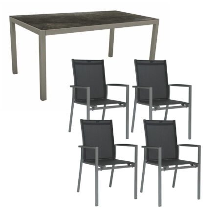 Stern Gartenmöbel-Set mit Stapelsessel "New Levanto" und Gartentisch 160x90 cm, Gestell Aluminium graphit, Sitzfläche Textil silbergrau, Tischplatte HPL Dark Marble