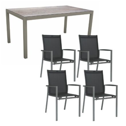Stern Gartenmöbel-Set mit Stapelsessel "New Levanto" und Gartentisch 160x90 cm, Gestell Aluminium graphit, Sitzfläche Textil silbergrau, Tischplatte HPL Smoky