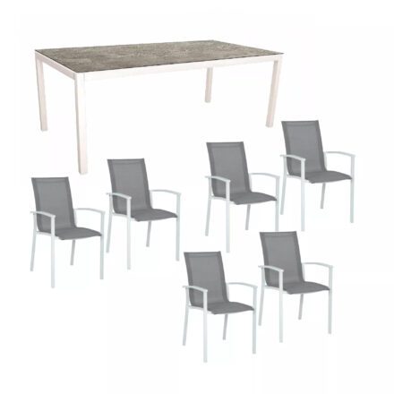 Stern Gartenmöbel-Set "Evoee", Gestelle Aluminium weiß, Tischplatte HPL Slate stone 200x100 cm, Sitz- und Rückenfläche Textilgewebe silberfarben