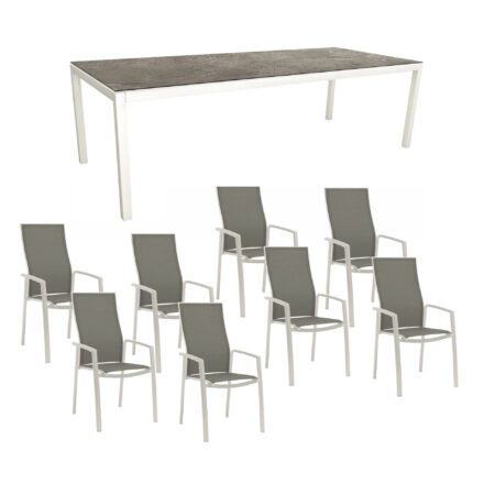 Stern Gartenmöbel-Set mit Hochlehner "Kari", Textilen silber und Gartentisch 250x100 cm, Gestelle Alu weiß, Tischplatte HPL Slate Stone