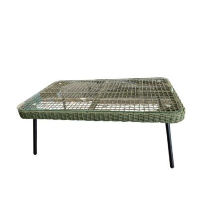 Home Islands "Mekong" Loungetisch, Gestell Aluminium schwarz matt, Rope moosgrün, Tischplatte Glas
