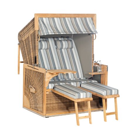 Sonnenpartner Strandkorb "Admiral Teak" 2-Sitzer-XL, Kunststoffgeflecht Antik-Braun, Gartenmöbelstoff Tessera Grau plus Markisenstoff uni taupe