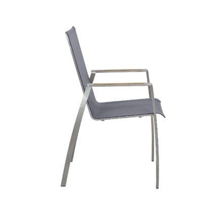 CASA DOMA "Mineo" Stapelstuhl, Gestell Edelstahl gebürstet, Sitzfläche Textilgewebe Sunproof® Sling schwarz/silber, Armlehnen Teak