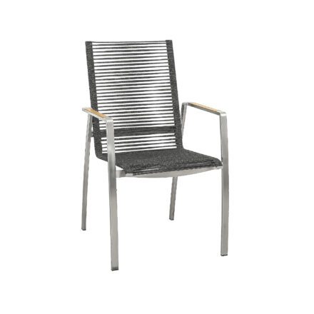 CASA DOMA "Mineo" Stapelstuhl, Edelstahl gebürstet, Bespannung Rope anthrazit, Armlehnen Teak