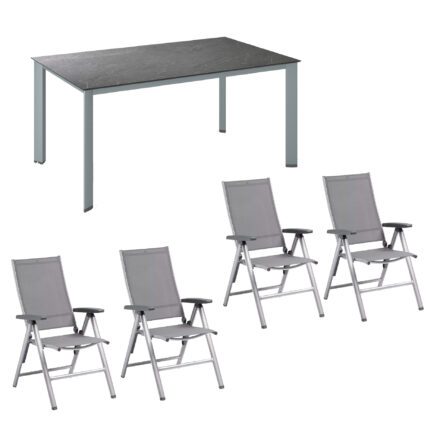 Kettler Gartenmöbel-Set mit "Cirrus" Silver-Line Klappsessel und "Edge" Gartentisch 160x95 cm, Gestelle Alu silber, Sitz Textilgewebe anthrazit-grau, Tischplatte HPL Jura anthrazit