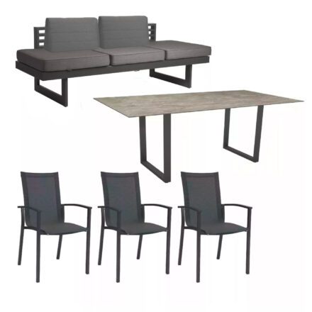 Stern "Evoee/New Holly Dining" Set mit Tisch 200x100 cm, Gestell Aluminium anthrazit, Polster schiefergrau, Sitzfläche Stuhl Textil karbon, Tischplatte HPL Slate Stone