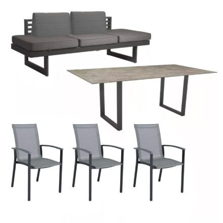 Stern "Evoee/New Holly Dining" Set mit Tisch 200x100 cm, Gestell Aluminium anthrazit, Polster schiefergrau, Sitzfläche Stuhl Textil silber, Tischplatte HPL Slate Stone
