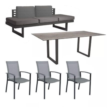 Stern "Evoee/New Holly Dining" Set mit Tisch 200x100 cm, Gestell Aluminium anthrazit, Polster schiefergrau, Sitzfläche Stuhl Textil silber, Tischplatte HPL Smoky
