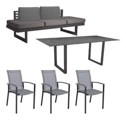 Stern "Evoee/New Holly Dining" Set mit Tisch 200x100 cm, Gestell Aluminium anthrazit, Polster schiefergrau, Sitzfläche Stuhl Textil silber, Tischplatte HPL Zement