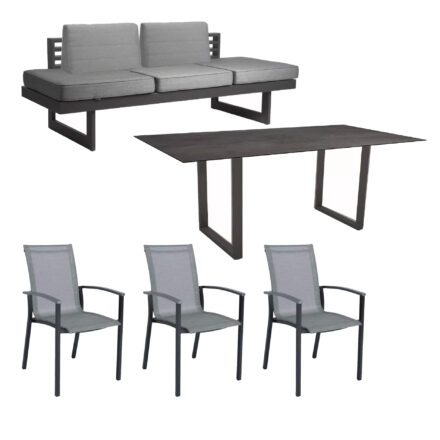 Stern "Evoee/New Holly Dining" Set mit Tisch 200x100 cm, Gestell Aluminium anthrazit, Polster seidengrau, Sitzfläche Stuhl Textil silber, Tischplatte HPL Nitro
