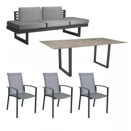 Stern "Evoee/New Holly Dining" Set mit Tisch 200x100 cm, Gestell Aluminium anthrazit, Polster seidengrau, Sitzfläche Stuhl Textil silber, Tischplatte HPL Slate Stone
